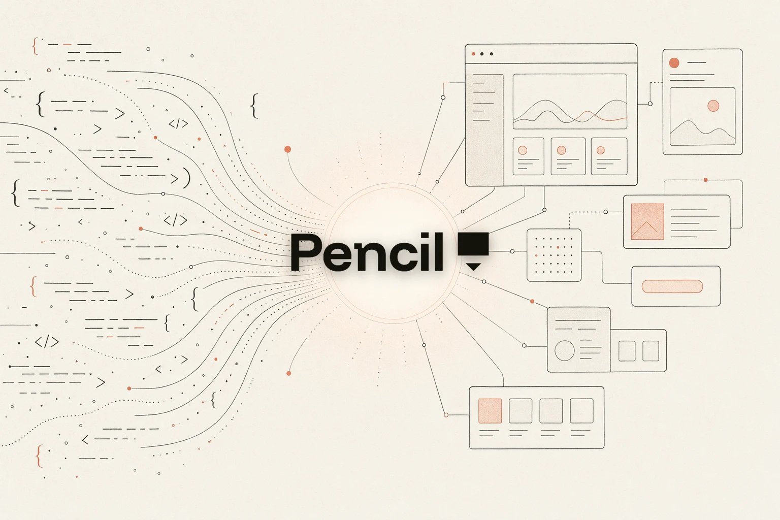 Open Design vs Pencil.dev — редакционная иллюстрация на тёплой бумаге: холст для дизайна, сходящийся в репозиторий файлов, которыми вы владеете