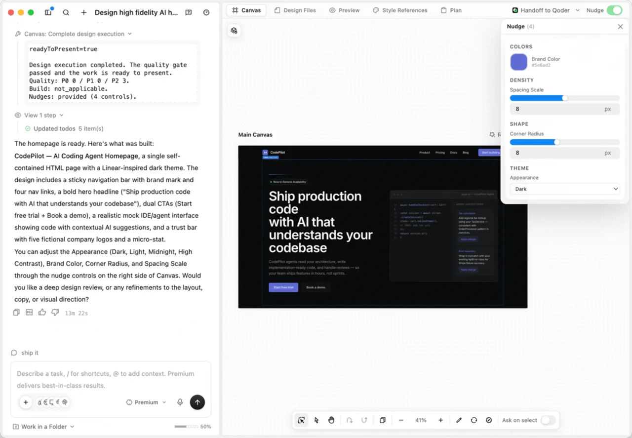 QoderWork Design — design-as-code auf einem unendlichen Canvas mit Questions, Design Plan und Nudge