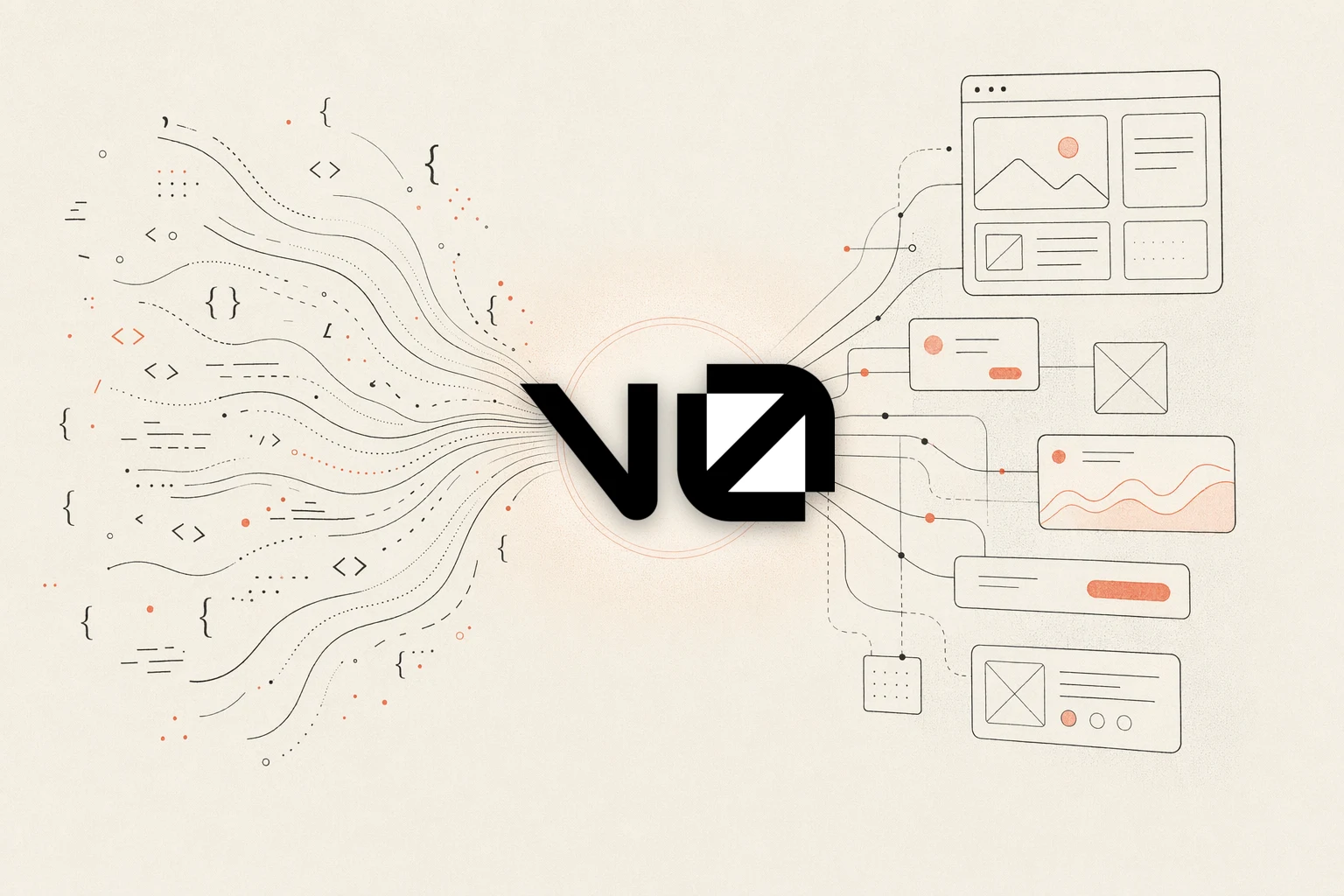 Open Design vs v0 — warm-paper editorial illustration of code converging into a design hub