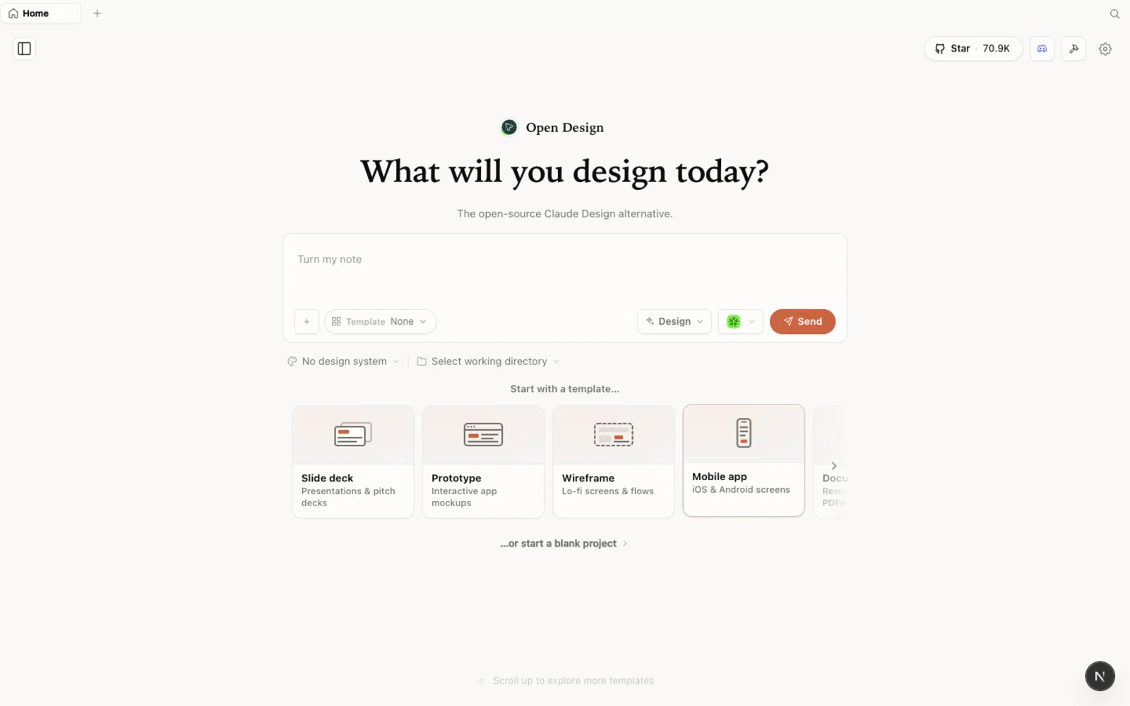 上云之前，正在运行的 Open Design 工作区。